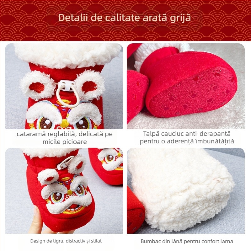 Pantofi bebeluși cu cap de tigru, vârf arcuit, talpă și căptușeală din lână de miel, bandă elastică pentru încălțare ușoară, design cu cap de tigru, antiderapant și păstrarea căldurii