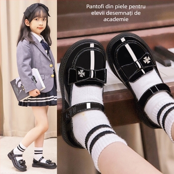 Loafers pentru fete, stil britanic, piele sintetică, închidere Velcro, talpă din cauciuc