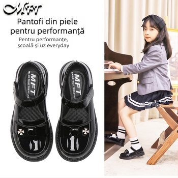 Loafers pentru fete, stil britanic, piele sintetică, închidere Velcro, talpă din cauciuc