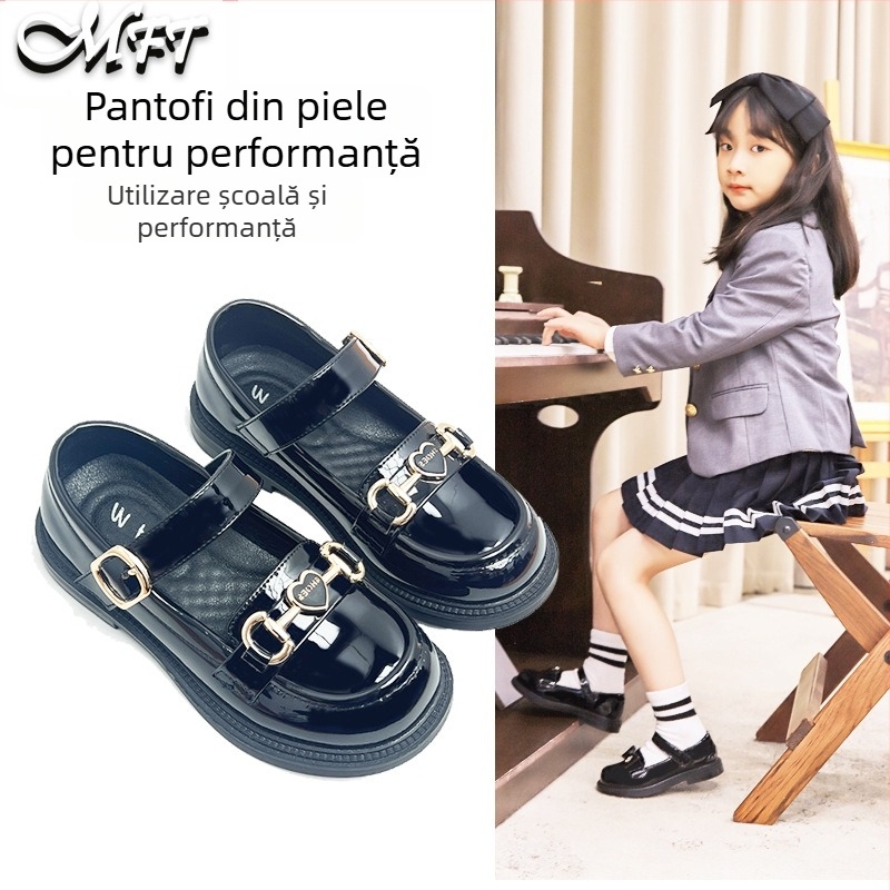 Loafers pentru fete, stil britanic, piele sintetică, închidere Velcro, talpă din cauciuc
