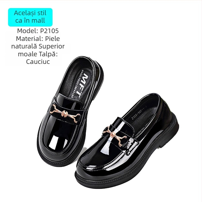 Loafers pentru fete, stil britanic, piele sintetică, închidere Velcro, talpă din cauciuc