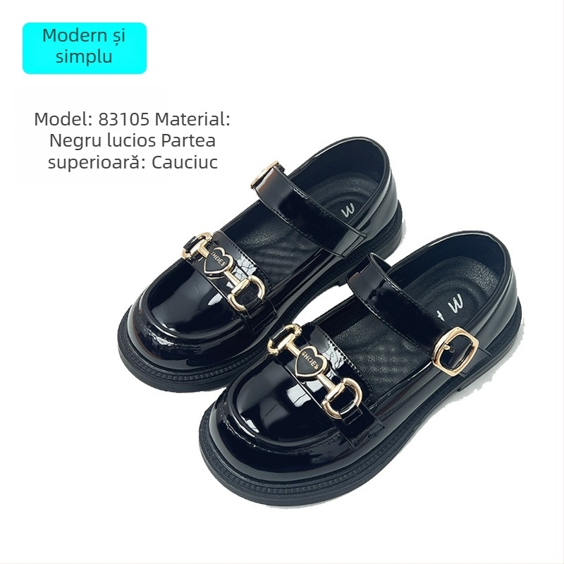 Loafers pentru fete, stil britanic, piele sintetică, închidere Velcro, talpă din cauciuc