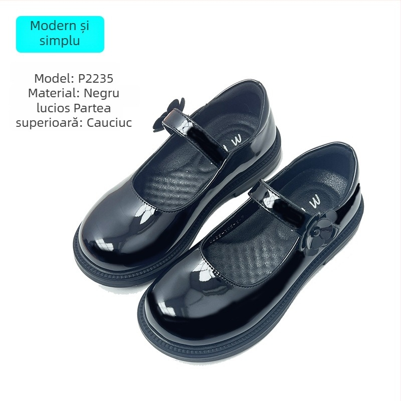 Loafers pentru fete, stil britanic, piele sintetică, închidere Velcro, talpă din cauciuc