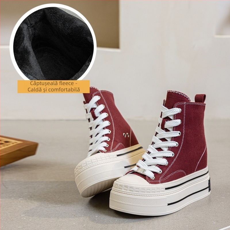 Pantofi din pânză cu creștere înălțime; șireturi; înălțime medie; talpă din cauciuc