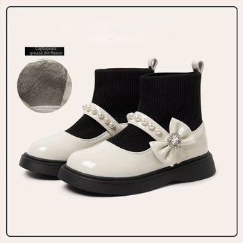 Ghete pentru fete din piele split cu funda, căptușite PU și talpă PU, talpă din cauciuc, pentru vârsta 4–12 ani, toamnă 2025