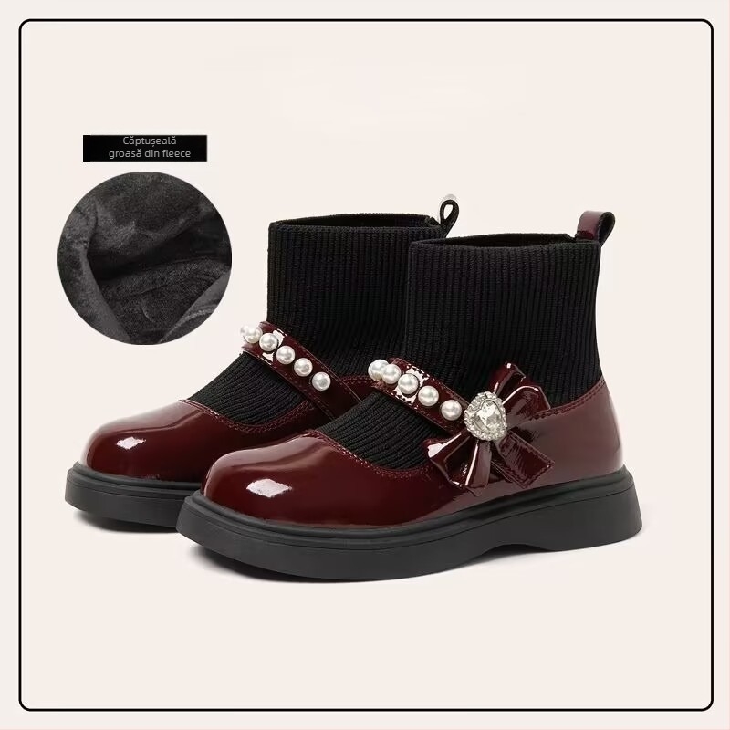 Ghete pentru fete din piele split cu funda, căptușite PU și talpă PU, talpă din cauciuc, pentru vârsta 4–12 ani, toamnă 2025