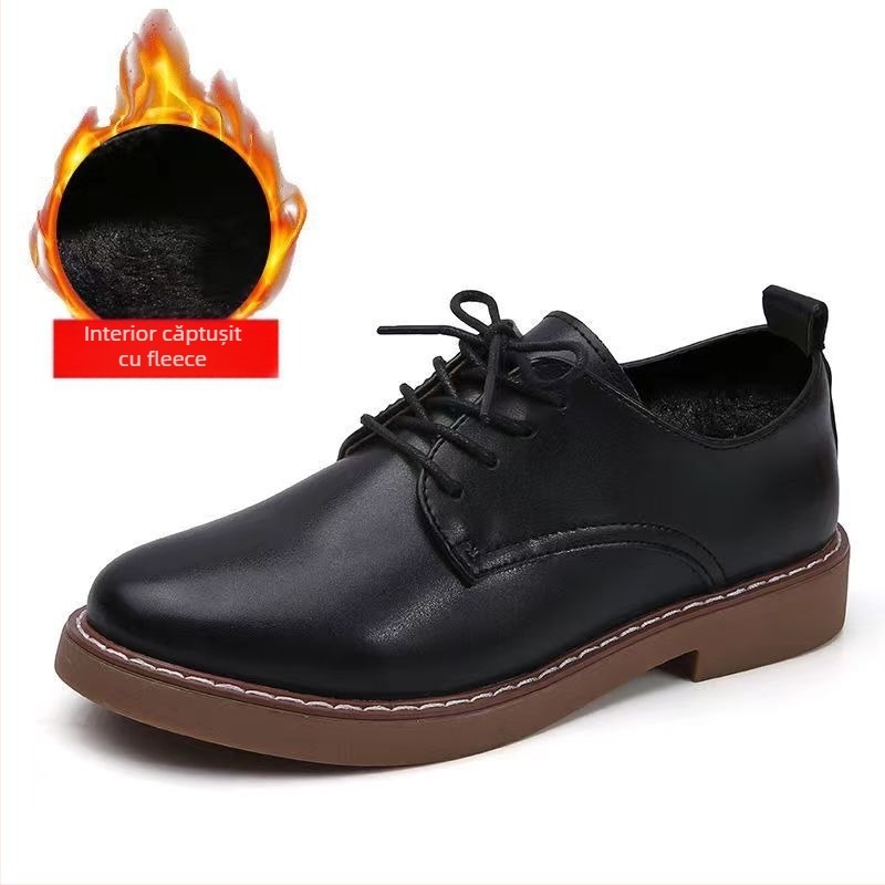 Pantofi Oxford damă, vârf rotund, din piele split, închidere cu șireturi, talpă din cauciuc, toc mic