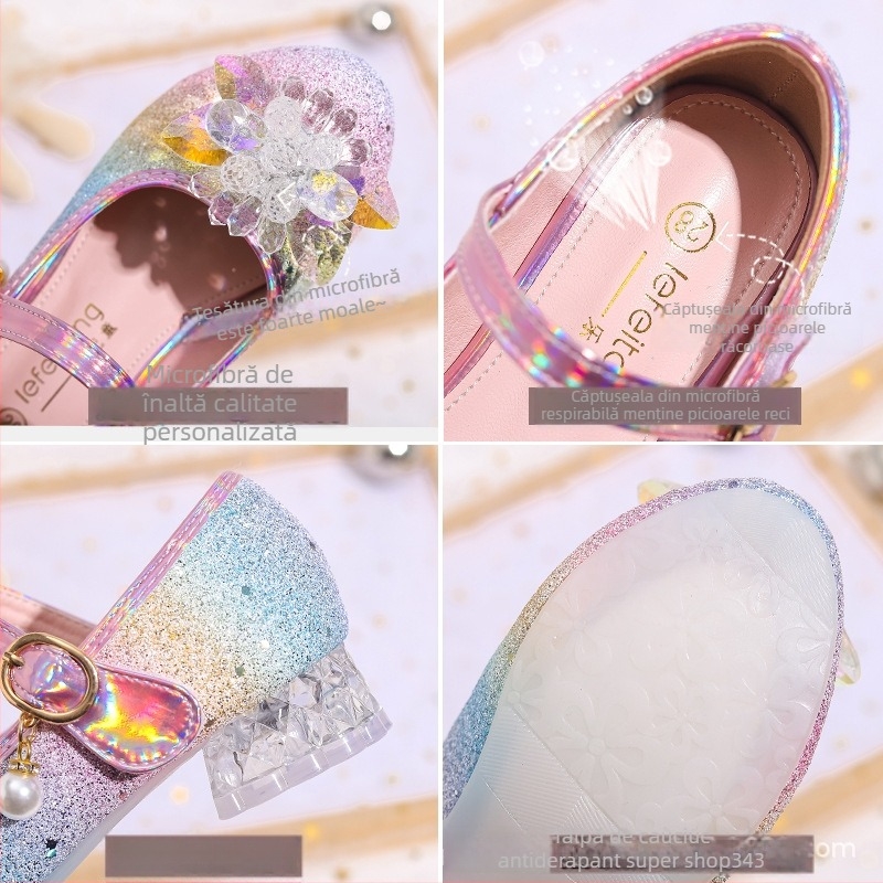 Pantofi pentru fete, stil prințesă, cu paiete pe partea superioară, închidere Velcro, branț PU, 4–12 ani