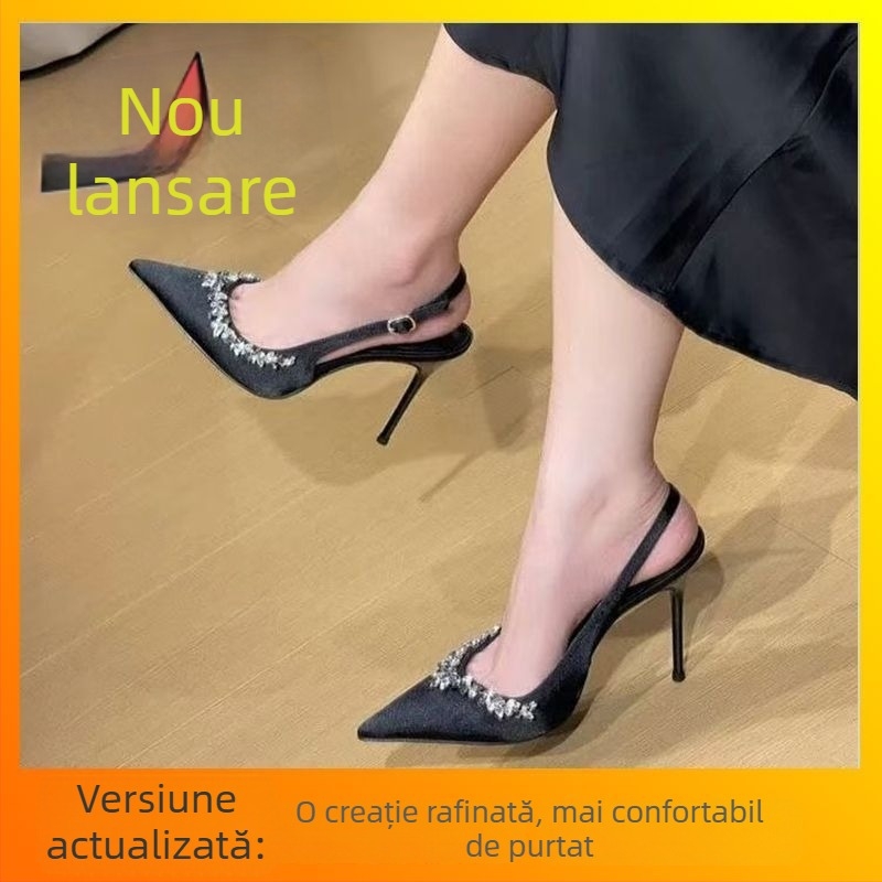 Pantofi dama cu toc în stil franțuzesc, vârf ascuțit și lanț cu cristale, PU partea superioară, toc subțire 6–8 cm, pentru purtare zilnică