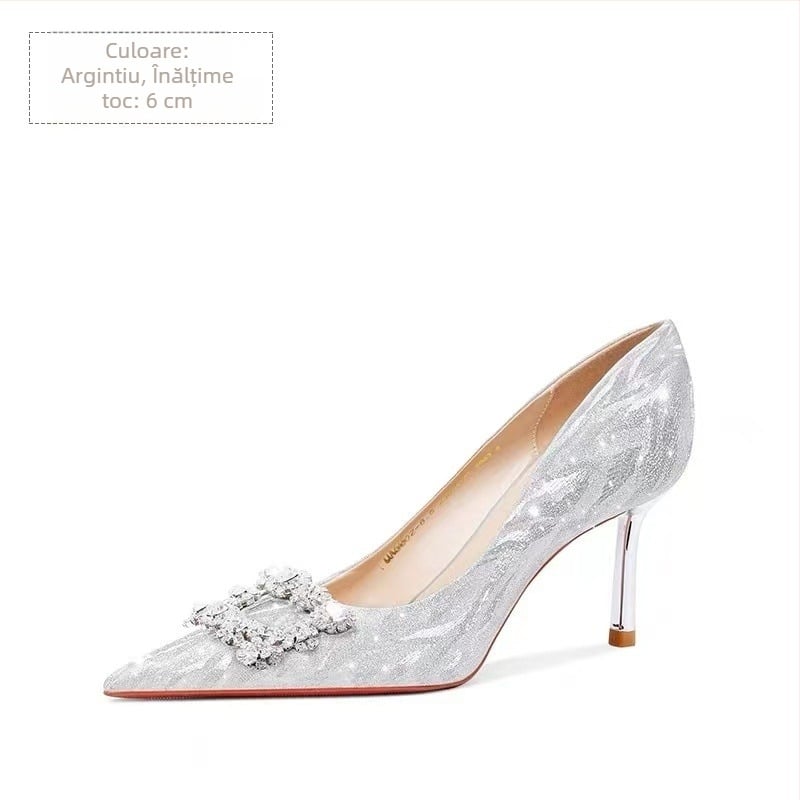 Pantofi de mireasă pentru femei, vârf ascuțit, toc 6-8 cm, PU suprafață, PU branț, talpă din cauciuc