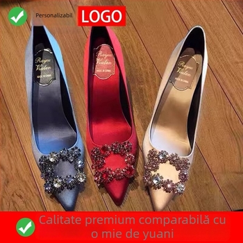 Pantofi stiletto pentru femei, vârf ascuțit, suprafață satinată, toc subțire 6-8 cm, talpă din cauciuc