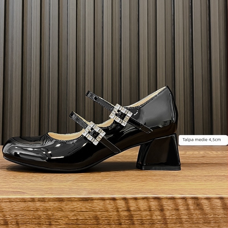 Pantofi Mary Jane pentru femei, vârf rotund, piele de vită cu două straturi, toc mediu 3–6 cm, închidere Velcro