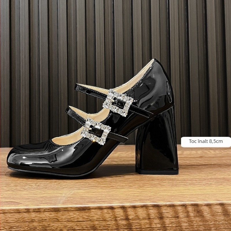 Pantofi Mary Jane pentru femei, vârf rotund, piele de vită cu două straturi, toc mediu 3–6 cm, închidere Velcro