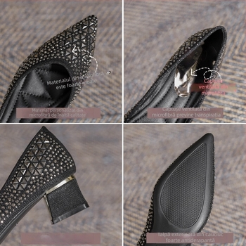 Pantofi dama satinati cu varf ascutit si toc gros, talpa din cauciuc, căptușeală din microfibră