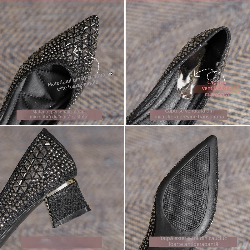 Pantofi dama satinati cu varf ascutit si toc gros, talpa din cauciuc, căptușeală din microfibră