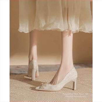 Pantofi de nuntă cu toc înalt, vârf rotund, partea superioară PU, toc gros de 6–8 cm, slip-on