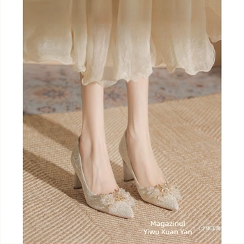 Pantofi de nuntă cu toc înalt, vârf rotund, partea superioară PU, toc gros de 6–8 cm, slip-on