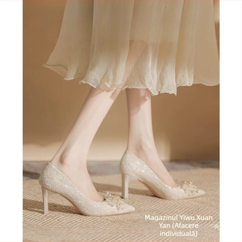 Pantofi de nuntă cu toc înalt, vârf rotund, partea superioară PU, toc gros de 6–8 cm, slip-on