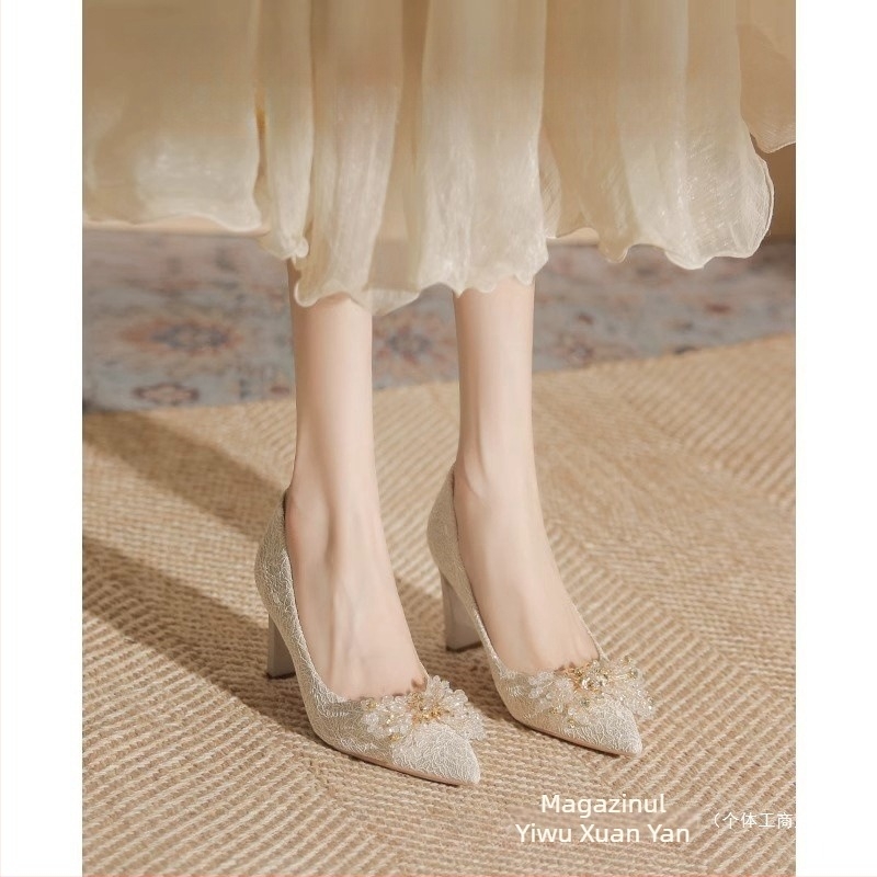 Pantofi de nuntă cu toc înalt, vârf rotund, partea superioară PU, toc gros de 6–8 cm, slip-on