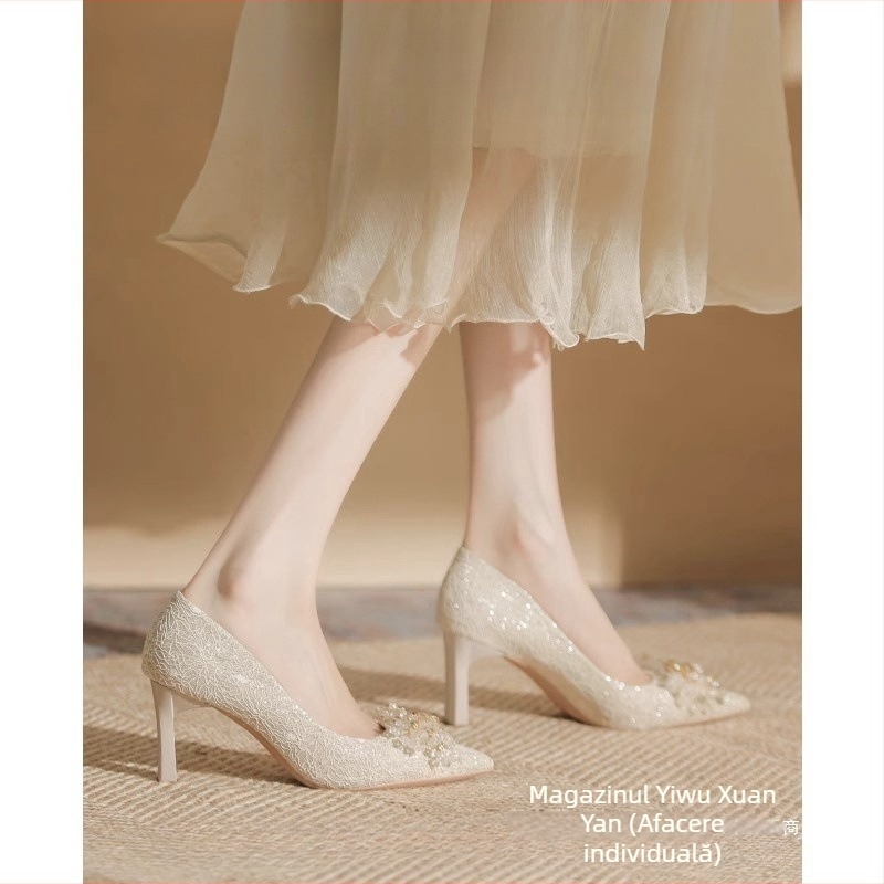 Pantofi de nuntă cu toc înalt, vârf rotund, partea superioară PU, toc gros de 6–8 cm, slip-on