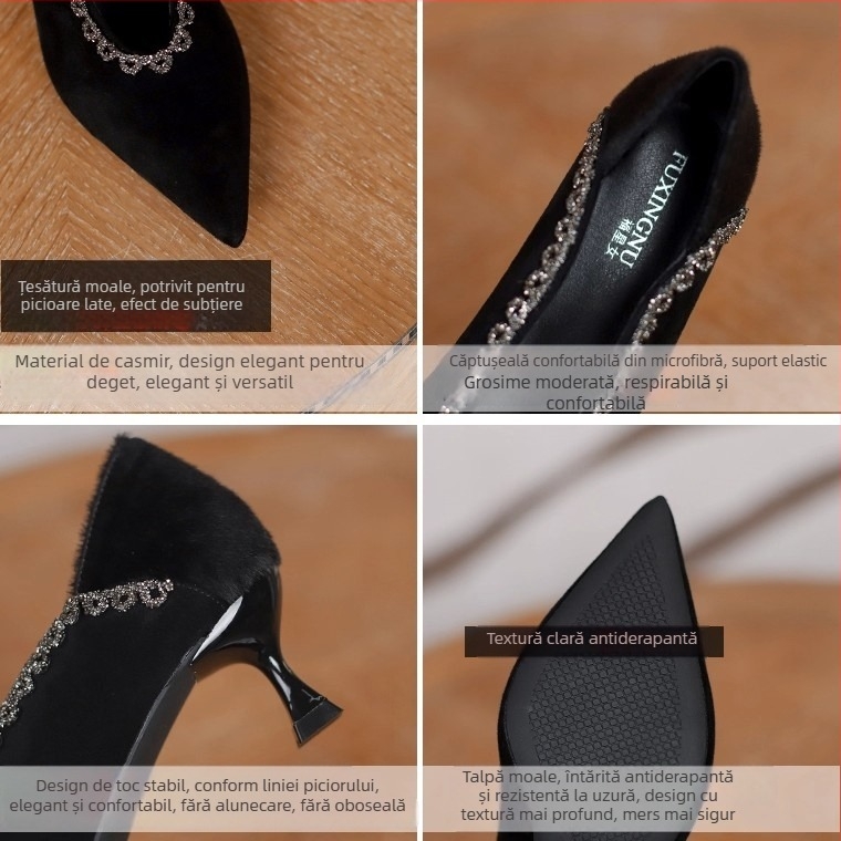 Pantofi cu toc înalt pentru femei, vârf ascuțit, din suede, toc în formă de pahar, 3-6 cm, culoare solidă