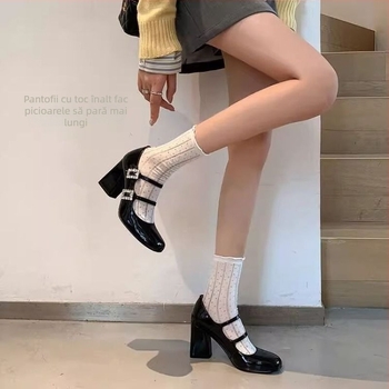 Pantofi Mary Jane cu cristale, vârf pătrat, toc gros 6–8 cm, închidere cu cataramă, PU partea superioară