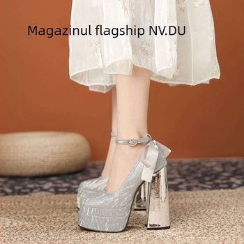 Pantofi Mary Jane cu platformă, vârf pătrat, toc gros, PU partea superioară și talpă din cauciuc