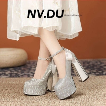 Pantofi Mary Jane cu platformă, vârf pătrat, toc gros, PU partea superioară și talpă din cauciuc