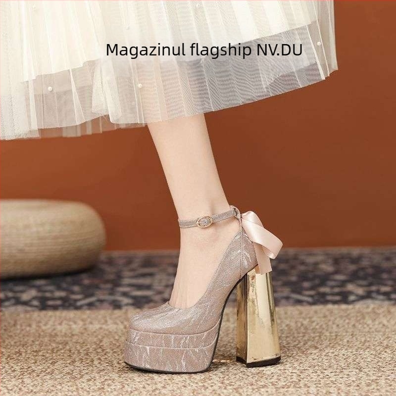 Pantofi Mary Jane cu platformă, vârf pătrat, toc gros, PU partea superioară și talpă din cauciuc