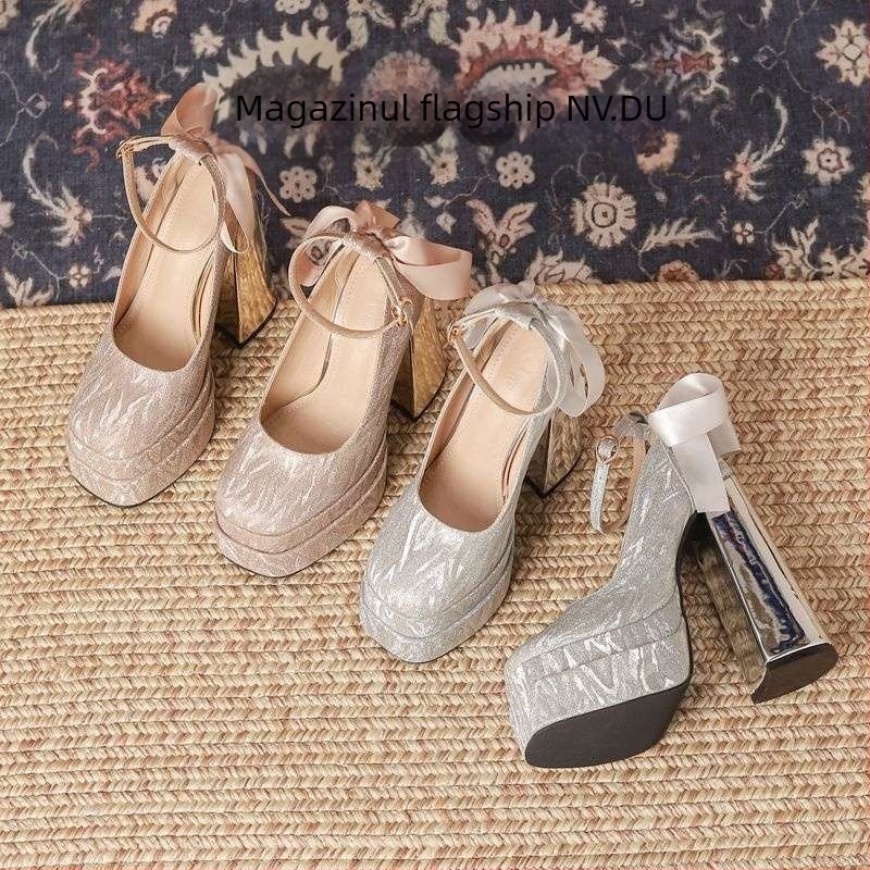 Pantofi Mary Jane cu platformă, vârf pătrat, toc gros, PU partea superioară și talpă din cauciuc