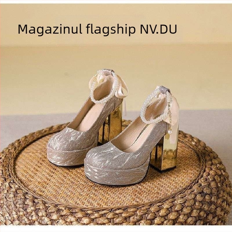 Pantofi Mary Jane cu platformă, vârf pătrat, toc gros, PU partea superioară și talpă din cauciuc