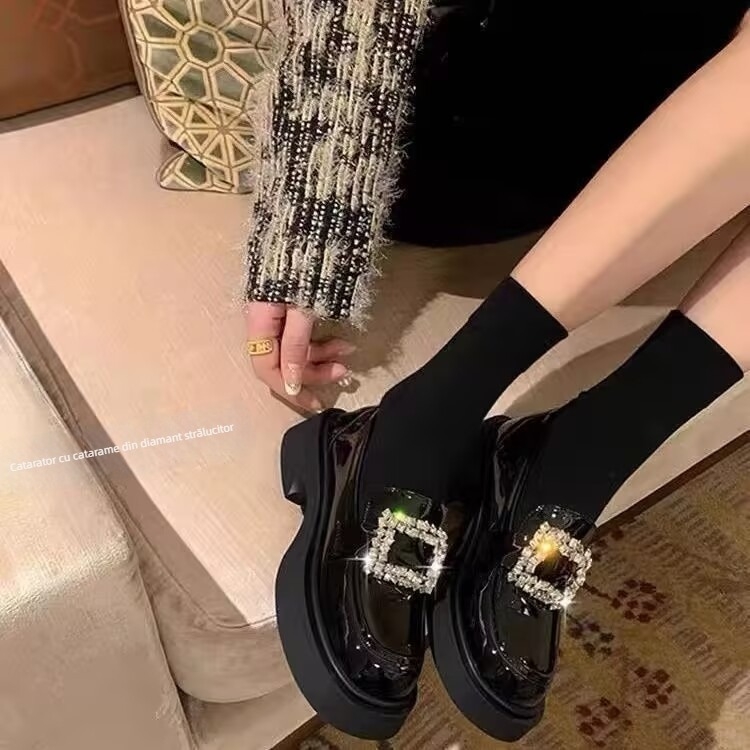 Loafers cu cataramă pătrată cu cristale, vârf rotund, fără șireturi, piele sintetică