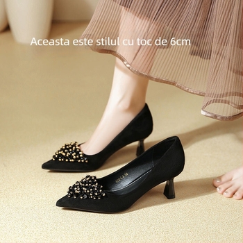 Pantofi dama cu toc înalt din velur, vârf ascuțit, stil coreean, slip-on, 6–8 cm înălțime toc