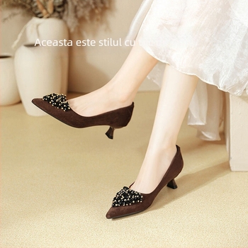 Pantofi dama cu toc înalt din velur, vârf ascuțit, stil coreean, slip-on, 6–8 cm înălțime toc