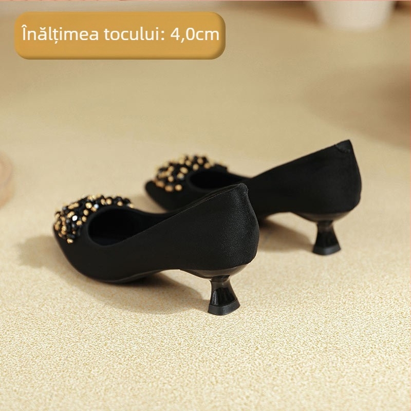 Pantofi dama cu toc înalt din velur, vârf ascuțit, stil coreean, slip-on, 6–8 cm înălțime toc