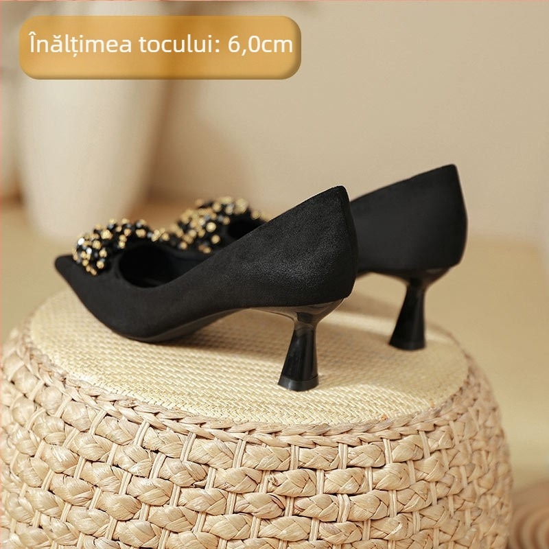 Pantofi dama cu toc înalt din velur, vârf ascuțit, stil coreean, slip-on, 6–8 cm înălțime toc