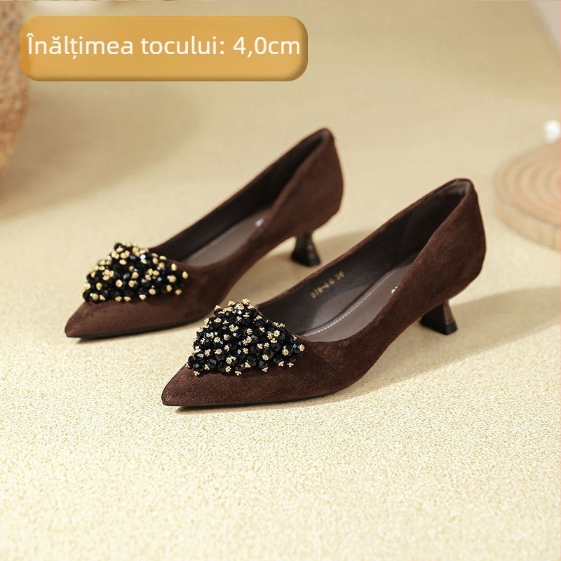 Pantofi dama cu toc înalt din velur, vârf ascuțit, stil coreean, slip-on, 6–8 cm înălțime toc