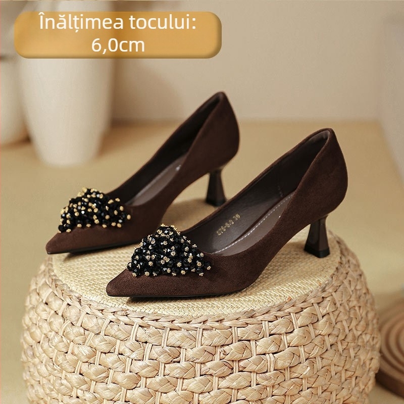 Pantofi dama cu toc înalt din velur, vârf ascuțit, stil coreean, slip-on, 6–8 cm înălțime toc