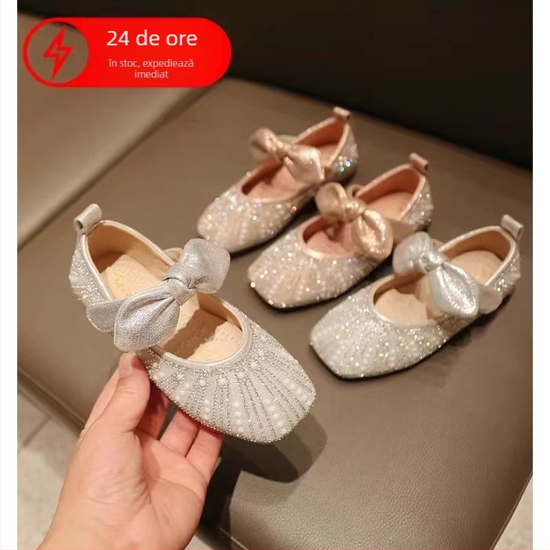 Pantofi prințesă pentru fete, cu cristale, din PU, închidere Velcro, vârsta 4–12 ani, primăvara 2025