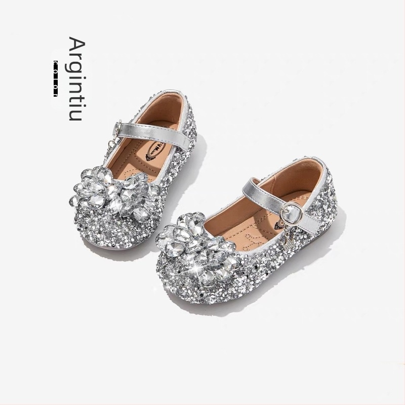 Pantofi balerini pentru fete, cu cristale de prințesă, închidere Velcro, exterior PU, căptușeală PU, talpă EVA, talpă din cauciuc