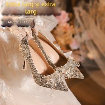 Pantofi de nuntă cu vârf ascuțit, partea superioară din microfibră, toc 6–8 cm, talpă din cauciuc, căptușire din microfibră