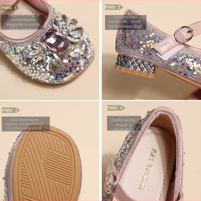 Pantofi de prințesă pentru fete — partea superioară din satin, închidere cu Velcro, branț PU, talpă din cauciuc