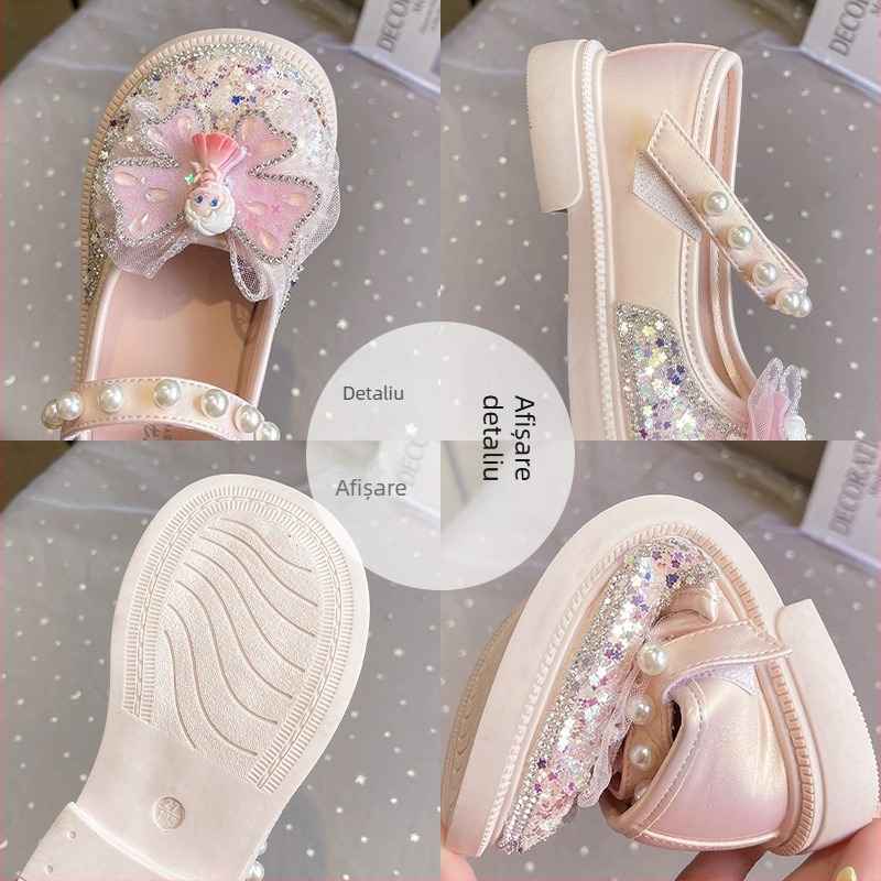 Pantofi de prințesă pentru fete, cu cristale și paiete, Velcro, partea superioară PU, căptușeală din piele artificială, branț PU, talpă din cauciuc, pentru fete 4–12 ani (Primăvara 2025)