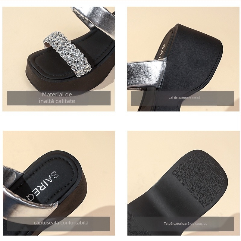 Sandale pentru femei cu partea superioară PU, căptușeală PU, talpă din cauciuc, vârf rotund, model herringbone — Vara 2025