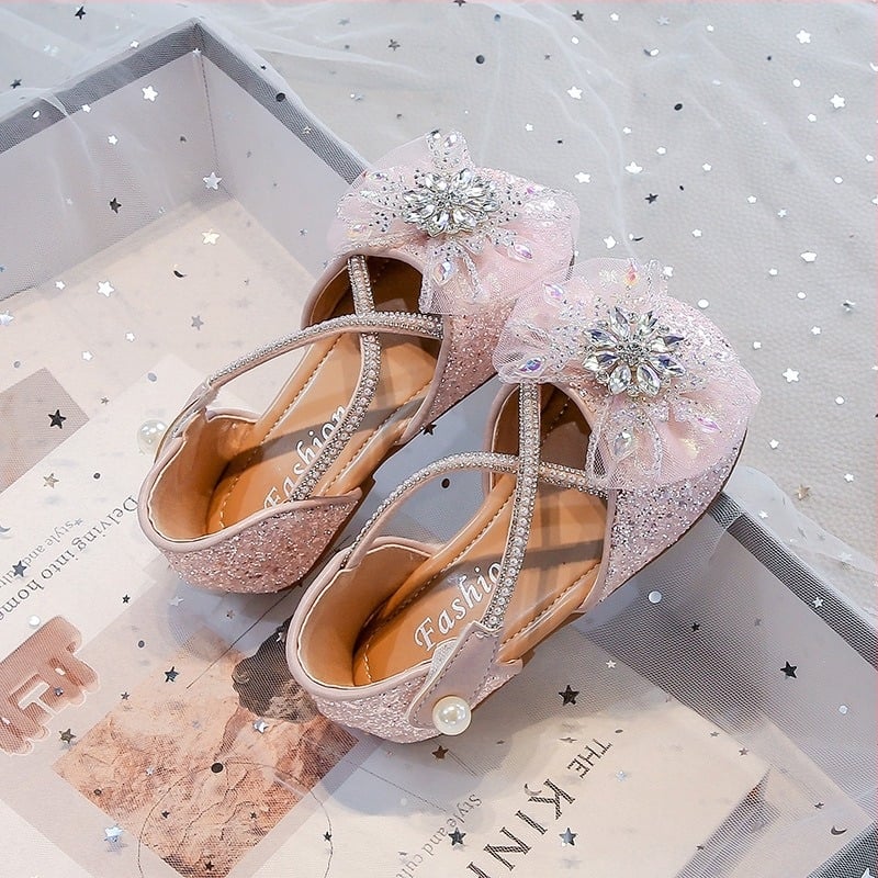 Sandale pentru fete cu design de prințesă din cristal, închidere Velcro, partea superioară din piele artificială, căptușeală PU, branț PU, talpă TPR