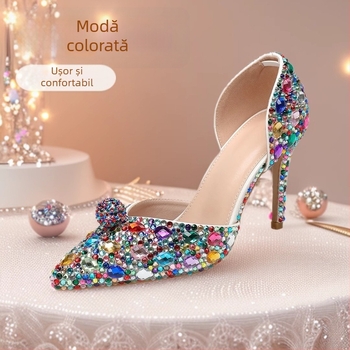 Sandale cu toc înalt, vârf ascuțit, partea superioară PU, branț PU, talpă de cauciuc, design slip-on, toc foarte înalt (>8 cm), potrivite pentru banchet de primăvară