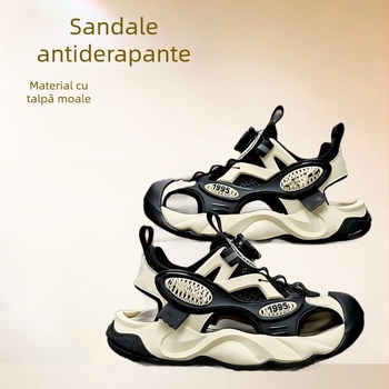 Sandale pentru bărbați, stil Baotou, vârf închis, PU partea superioară, talpă din material compus, respirante, închidere cu Velcro și cataramă