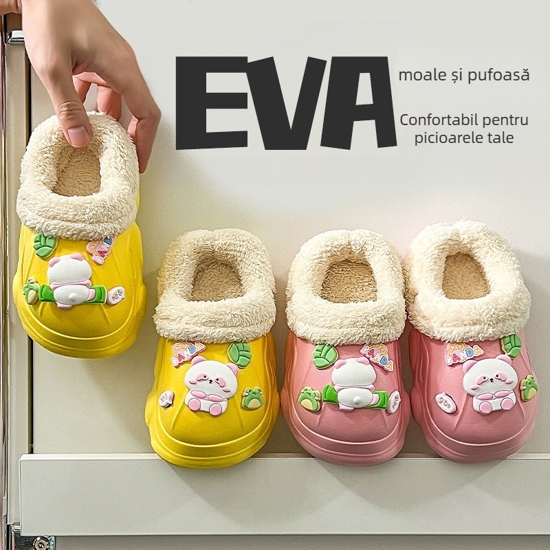Papuci Crocs pentru copii 1–12 ani, panda design drăguț, căptușeală din pluș cald, purtare de interior în iarnă