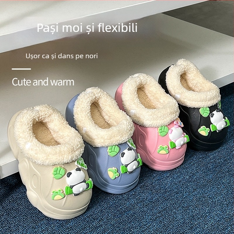 Papuci Crocs pentru copii 1–12 ani, panda design drăguț, căptușeală din pluș cald, purtare de interior în iarnă