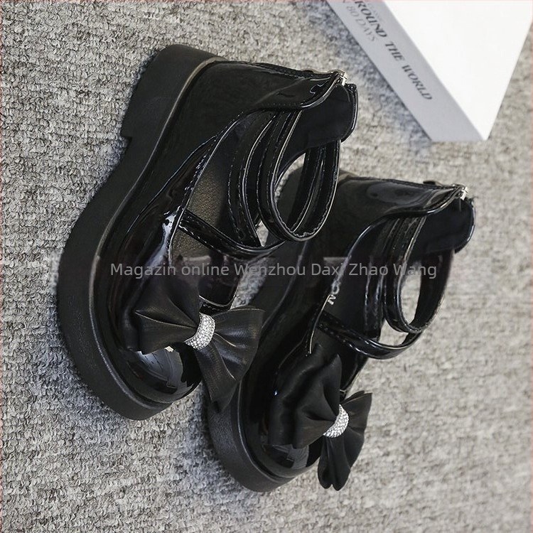 Sandale de prințesă pentru fete — funda, talpă moale antiderapantă, vârf rotund, închidere cu fermoar pe spate, pentru vârsta 7–12 ani